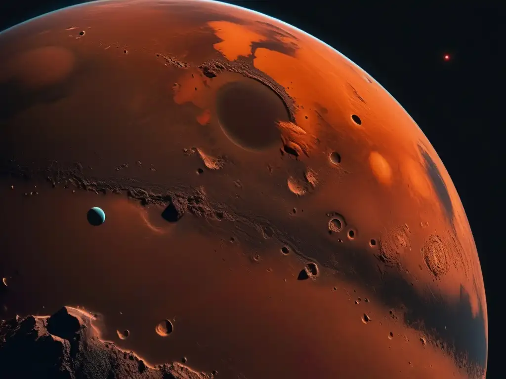 Detallada imagen 8k de Marte, con contrastes entre su superficie roja y el espacio oscuro