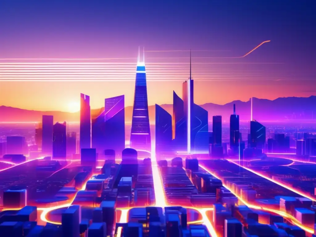 Ciudad futurista al atardecer con nanoelectrónica impulsando la economía