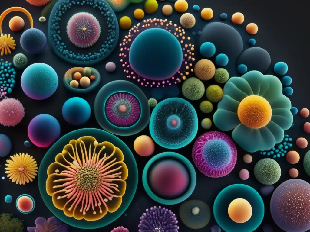 Imagen 8k de paisaje microbiológico abstracto con gran detalle y colores vibrantes, representando la importancia de la microbiología en la vida diaria