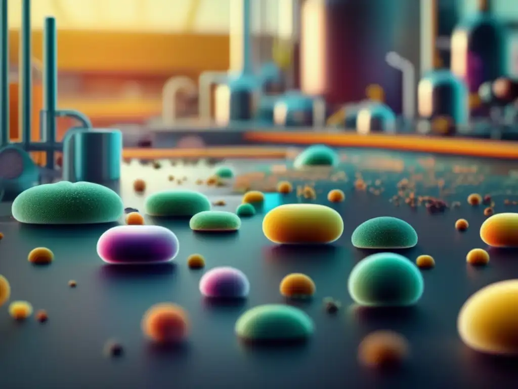 Microorganismos en la economía industrial - Imagen 8k ultradetallada de microorganismos coloridos interactuando con maquinaria industrial