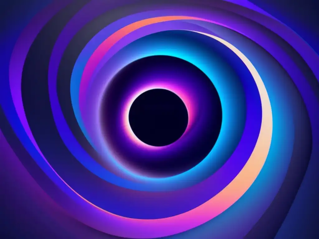 El misterio de los agujeros negros: un abstracto y minimalista vacío oscuro con patrones de luz y sombras, destacando un agujero negro perfectamente circular, rodeado de colores vibrantes y oscuros que representan las ondas gravitacionales emanando de su horizonte de eventos