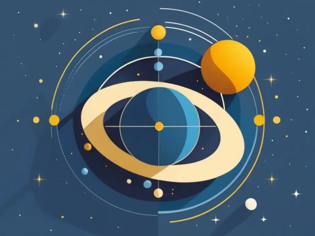 Descubrimiento del heliocentrismo y su influencia en la ciencia moderna - Modelo heliocéntrico minimalista, simétrico y abstracto con el sol en el centro y los planetas orbitando a su alrededor en tonos suaves de azul y amarillo brillante