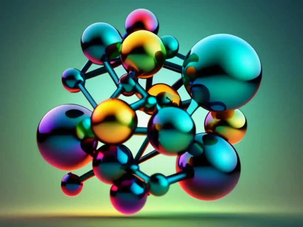 Diseño de fármacos: Estructura molecular colorida y compleja con esferas interconectadas representando átomos