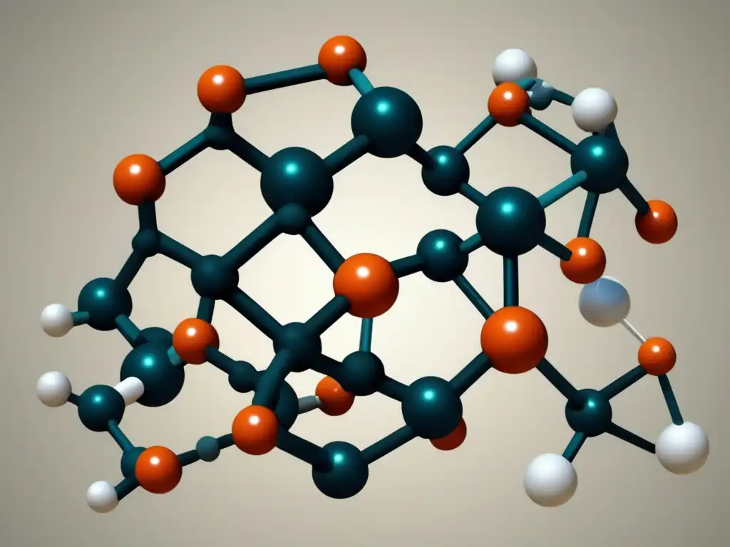 Importancia de la Química Orgánica: Estructura molecular compleja con cadenas carbonadas y grupos funcionales, resaltando belleza y complejidad