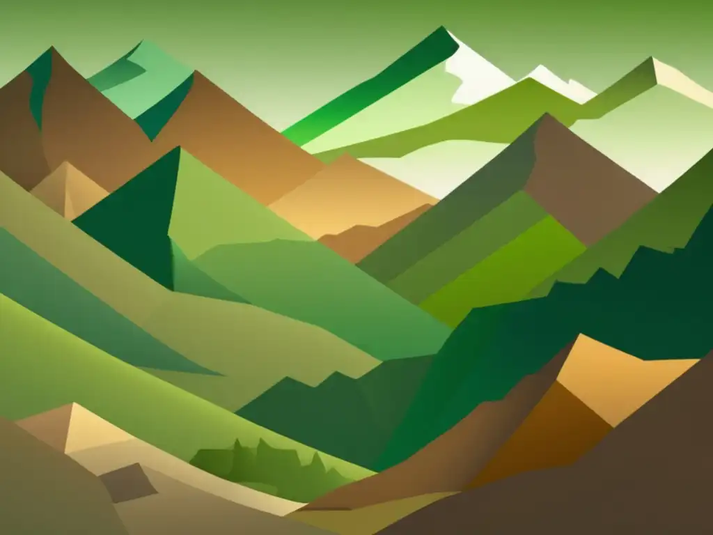 Paisaje abstracto de montañas con formas geométricas en tonos verdes y marrones