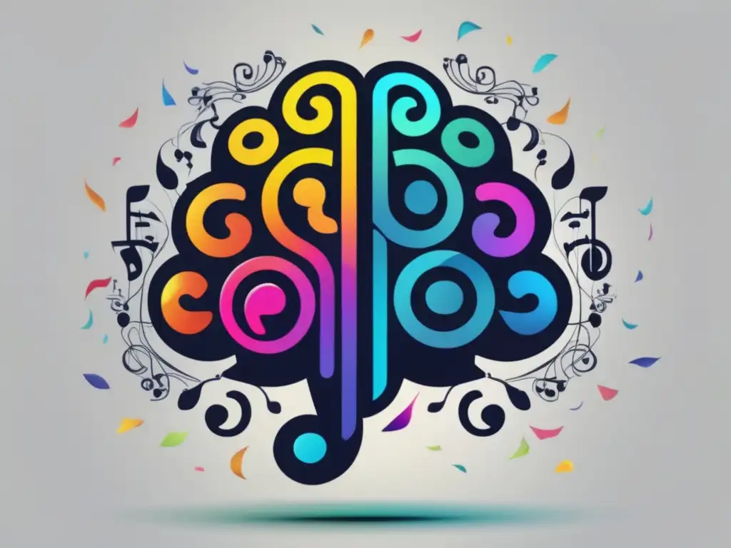 Influencia música en la cognición: cerebro musical vibrante y abstracto, notas musicales estimulando procesos cognitivos