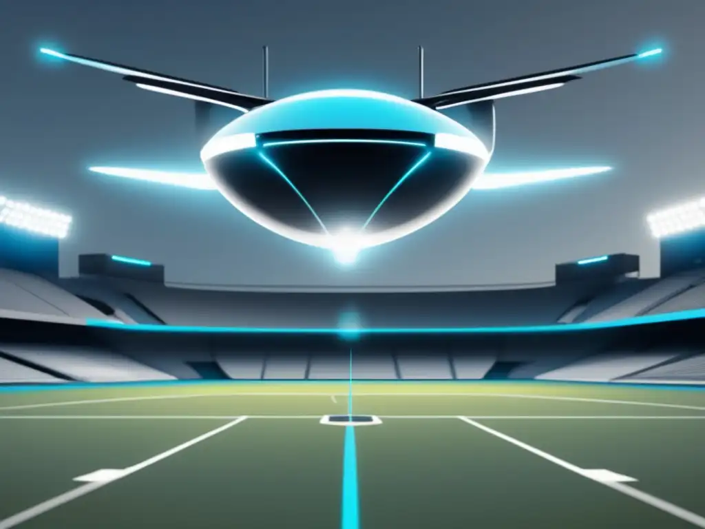 Beneficios de la nanotecnología deportiva: nanobot futurista en un campo deportivo, mostrando integración y avances tecnológicos