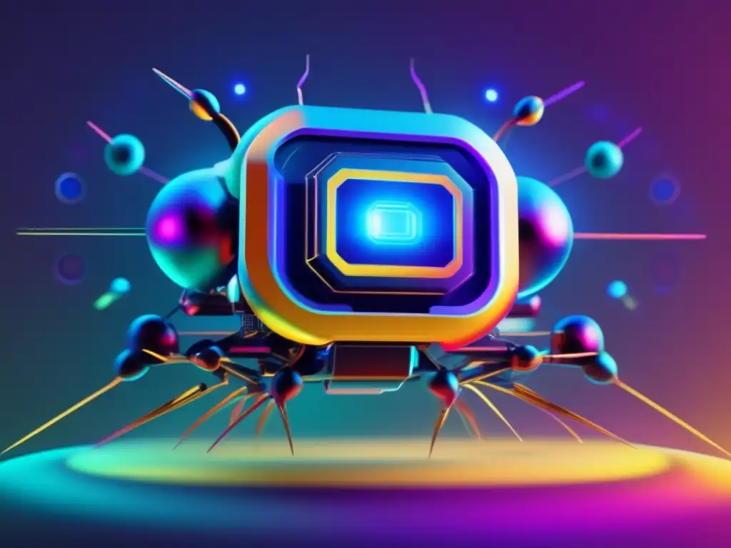 Nanobot futurista en un campo de colores vibrantes, simbolizando la nanotecnología en la lucha contra el envejecimiento