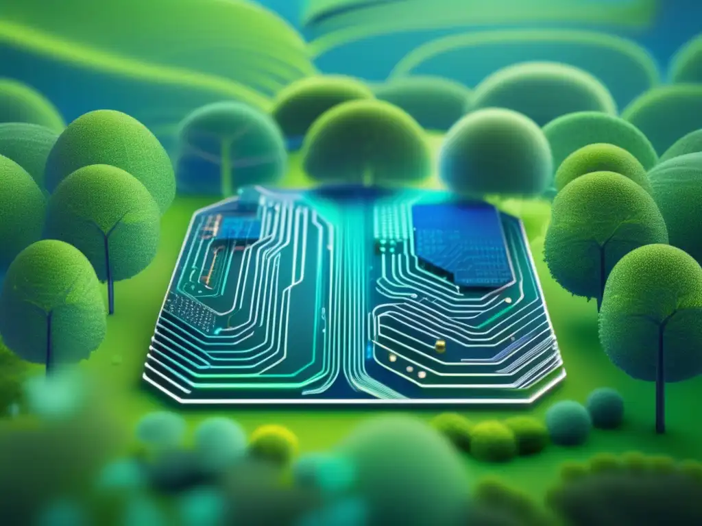 Nanoelectrónica y crisis climática: Paisaje verde con circuitos integrados, simbolizando la armonía entre tecnología y naturaleza