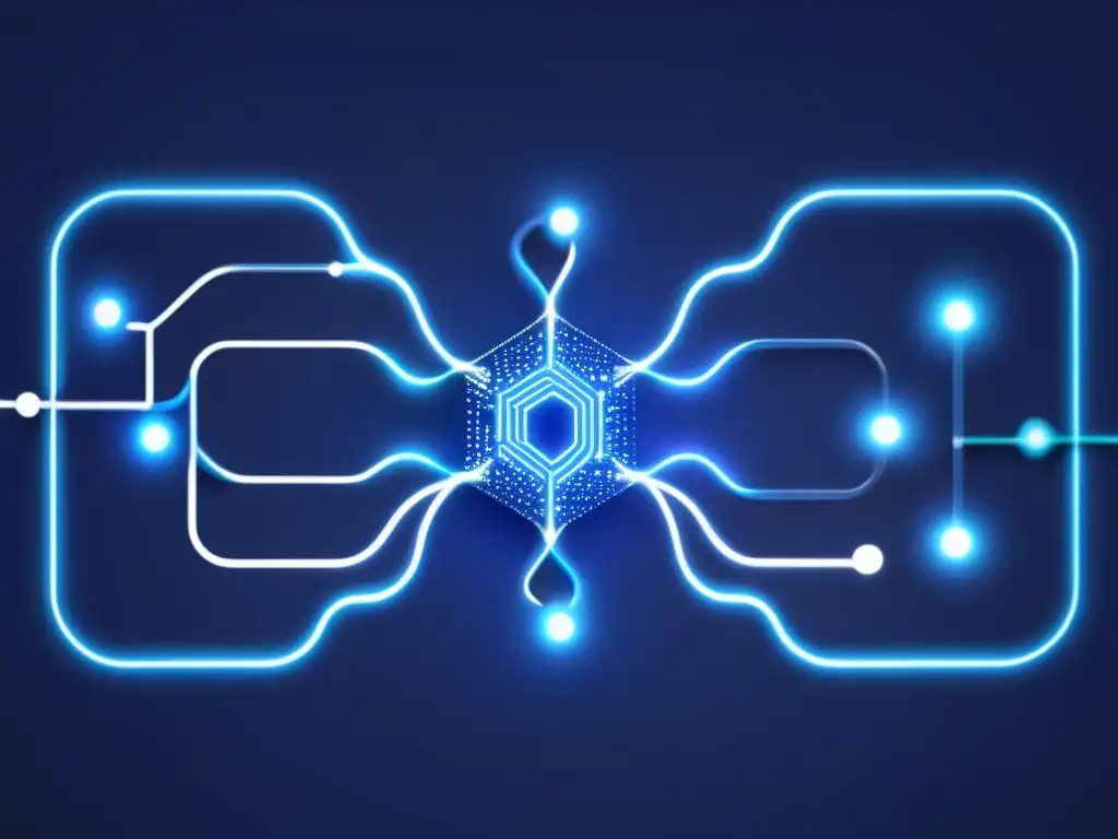 Guía completa de nanoelectrónica: circuitos abstratos y sofisticados en un fondo oscuro con partículas en el aire