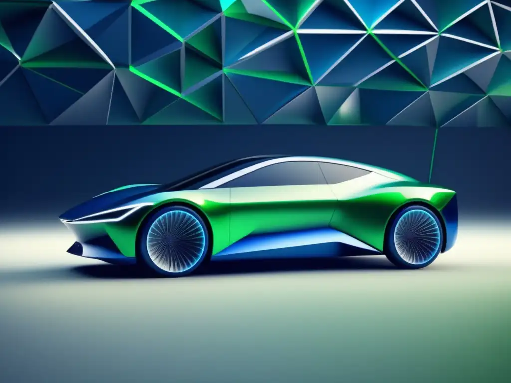 Nanomateriales en la industria automotriz: Coche futurista de patrones geométricos y colores hightech, rodeado de partículas microscópicas