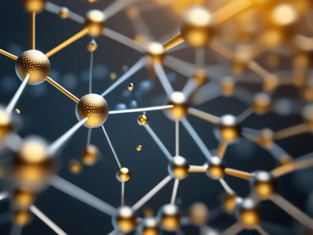 Propiedades únicas nanomateriales: red interconectada de nanopartículas en tonos metálicos, oro y cobre, sobre fondo negro