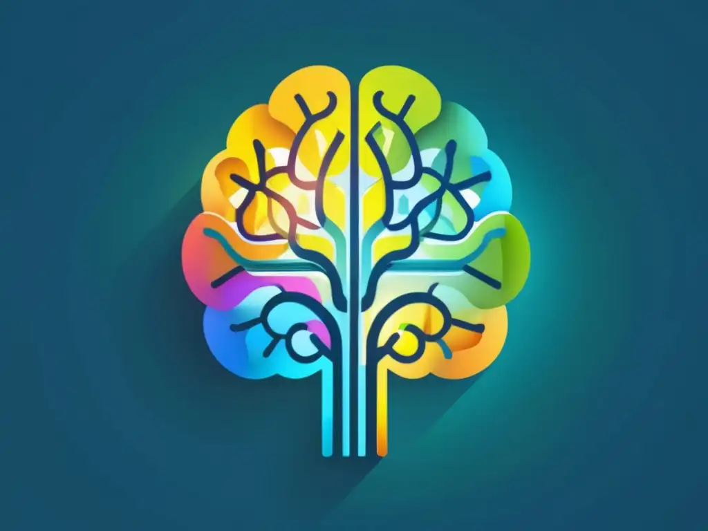 Ilustración abstracta de un cerebro vibrante con conexiones neuronales en colores alegres, simbolizando la neurobiología de la felicidad en educación