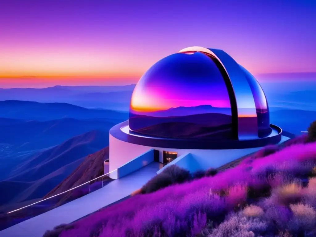 Observatorio futurista en la cima de una montaña al atardecer con científicos buscando planetas