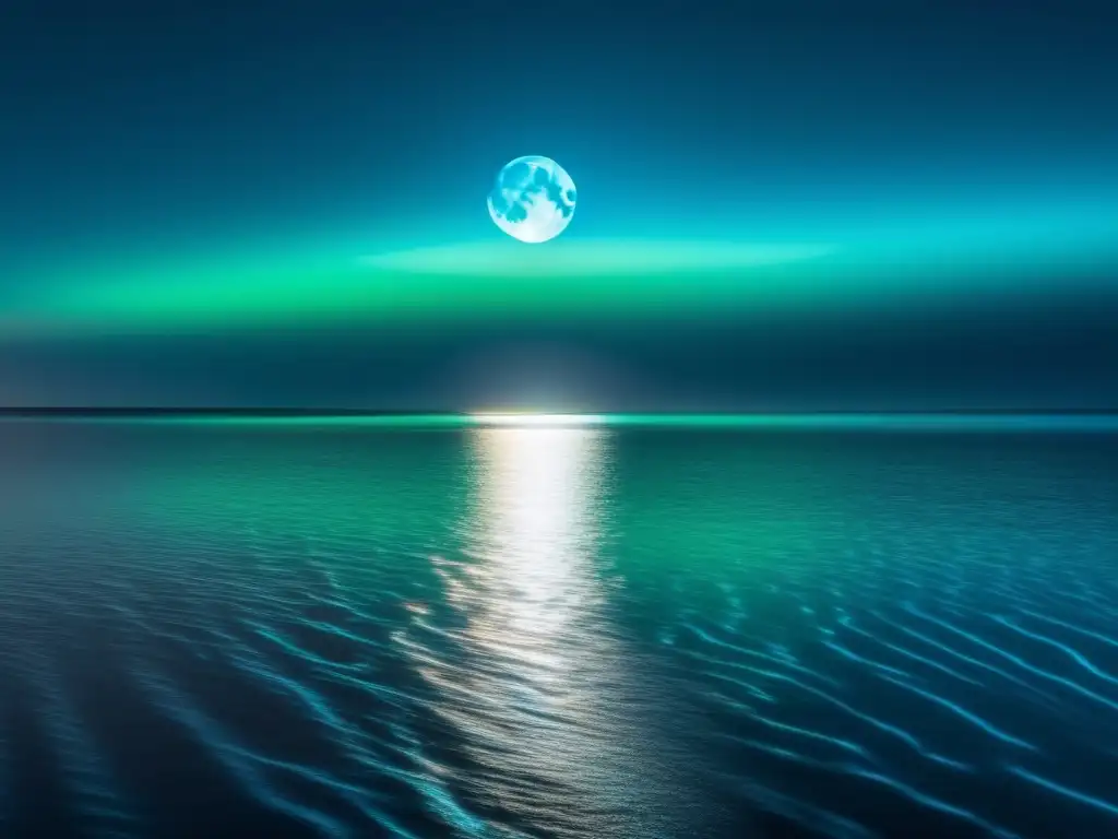 Descubriendo la bioluminiscencia: paisaje oscuro del océano con destellos azules y verdes, iluminado por la luna