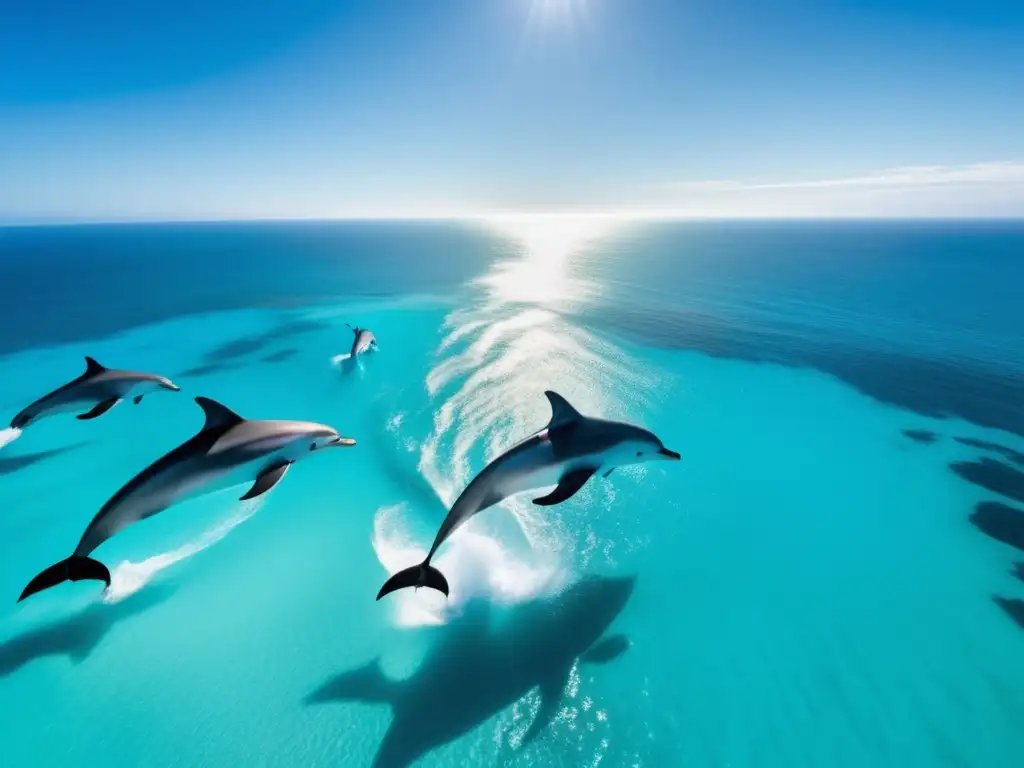 Paisaje marino de aguas turquesas y delfines, evocando descubrimientos científicos en biología marina