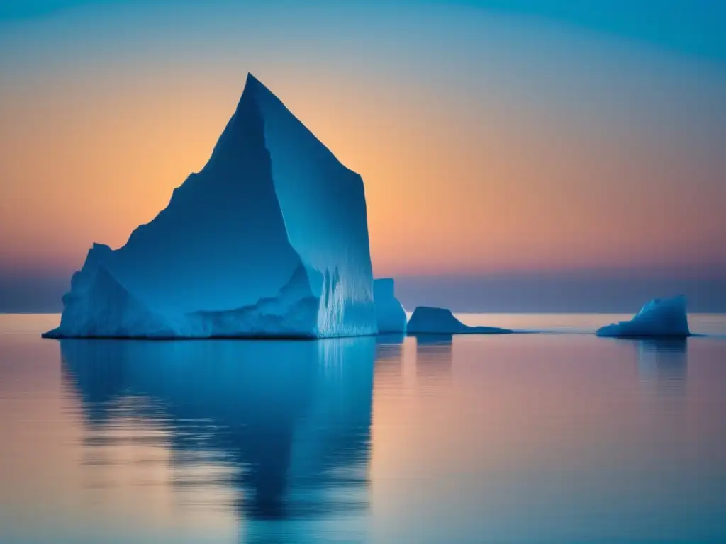 Conexiones entre ecología marina y cambio climático: imagen de un océano vasto y sereno reflejando el sol en un iceberg solitario