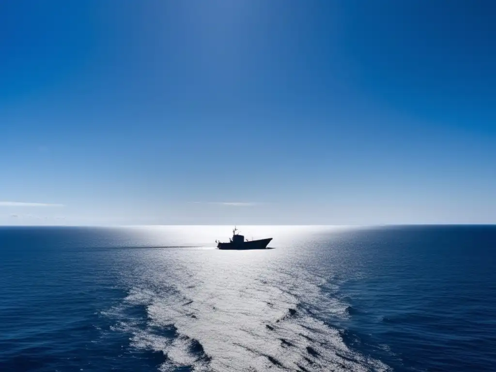 Impacto de la pesca excesiva en la Ecología Marina: vasto y desolado océano azul con un pequeño barco de pesca solitario y líneas abstractas