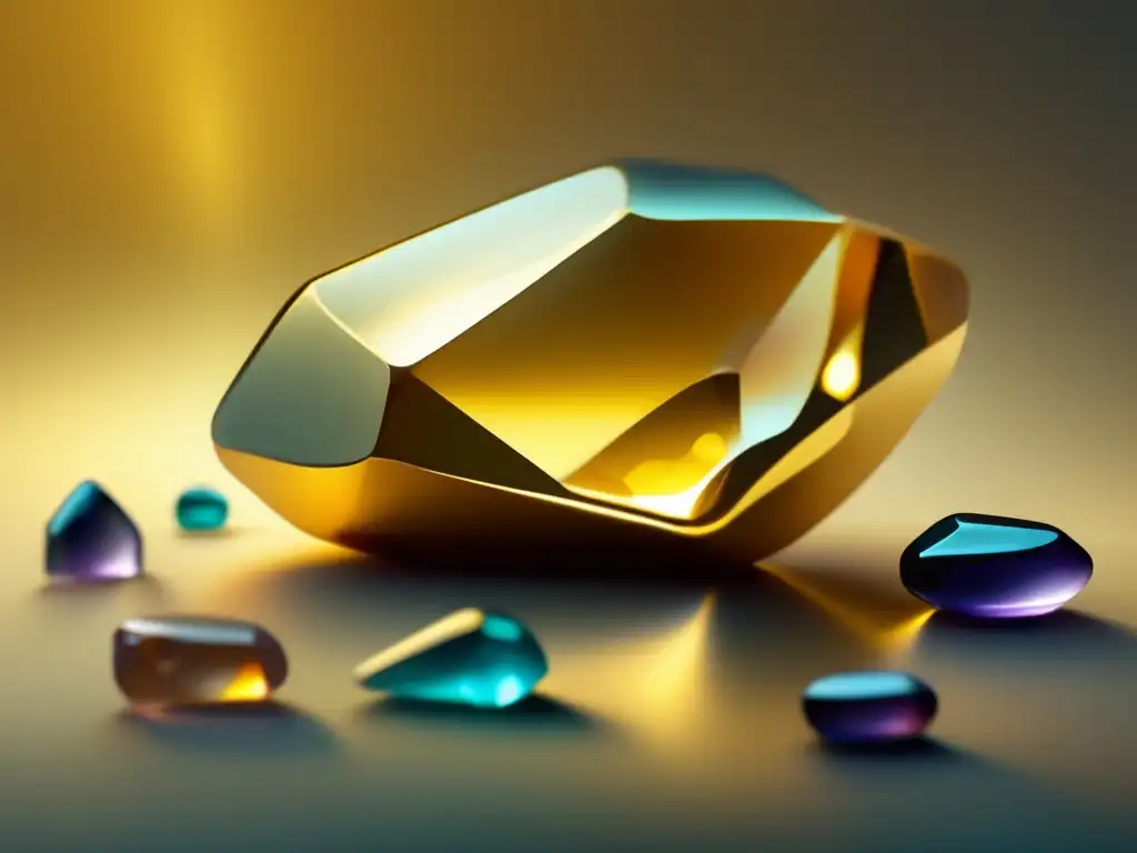 Descubrimiento minerales preciosos: imagen de una pepita de oro brillante sobre gemas translúcidas, creando un contraste cautivador