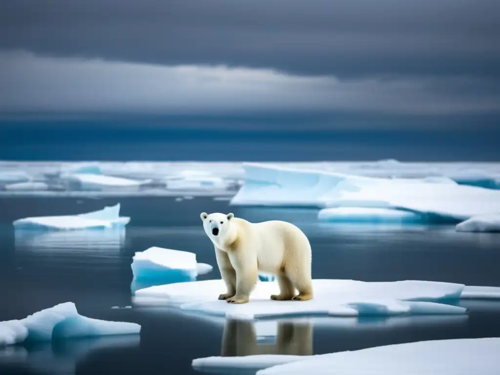 Impacto cambio climático en vida silvestre: oso polar contempla hielo derritiéndose, simbolizando devastación