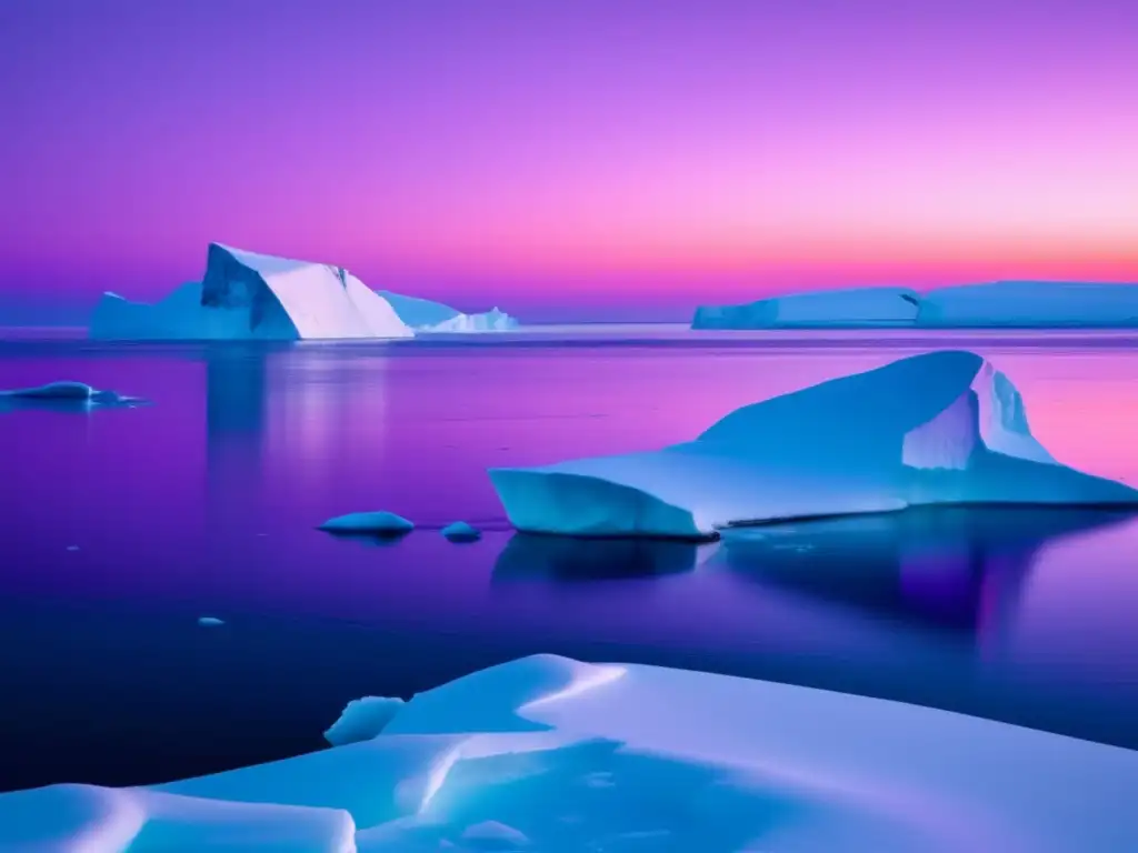 Paisaje Ártico al atardecer con hielo, icebergs, oso polar y desafío conservación especies Ártico