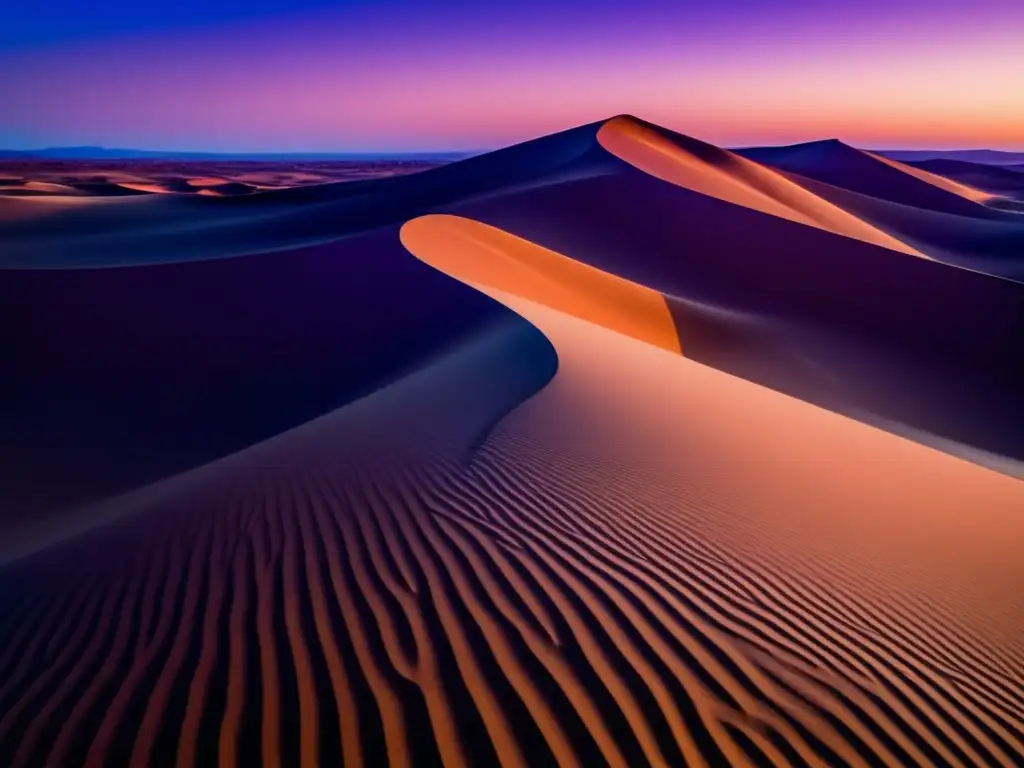 Vida en los desiertos: paisaje abstracto y minimalista que muestra una extensa y tranquila área desértica al atardecer