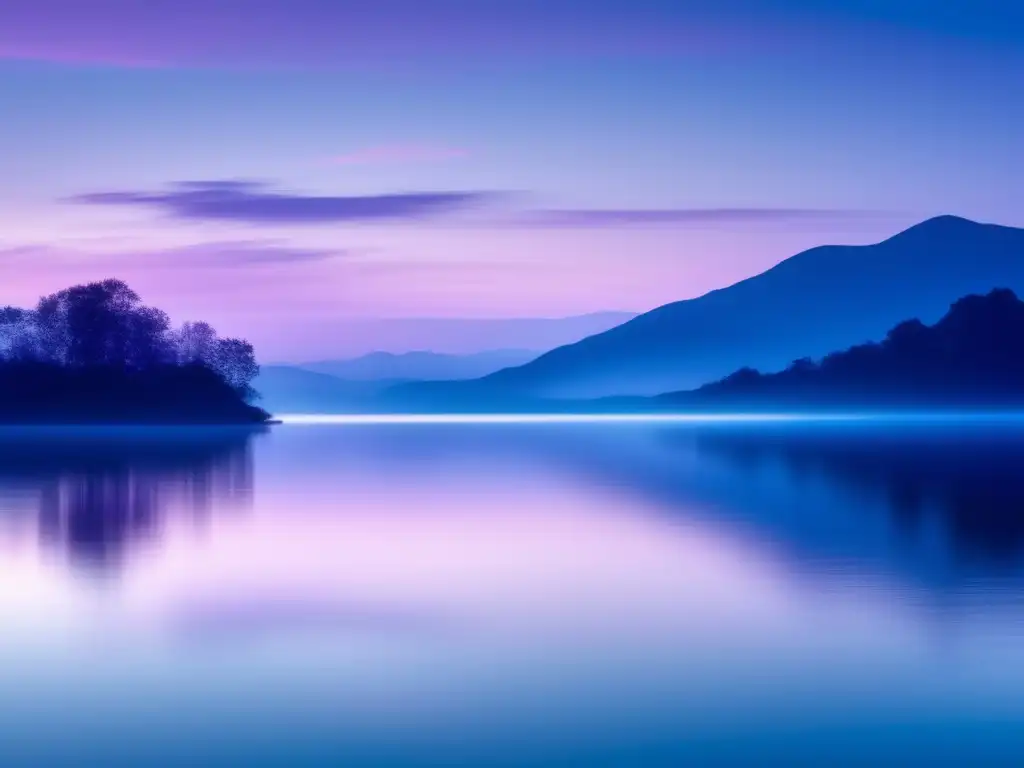 Paisaje sereno al atardecer con lago, nubes y árbol reflejados