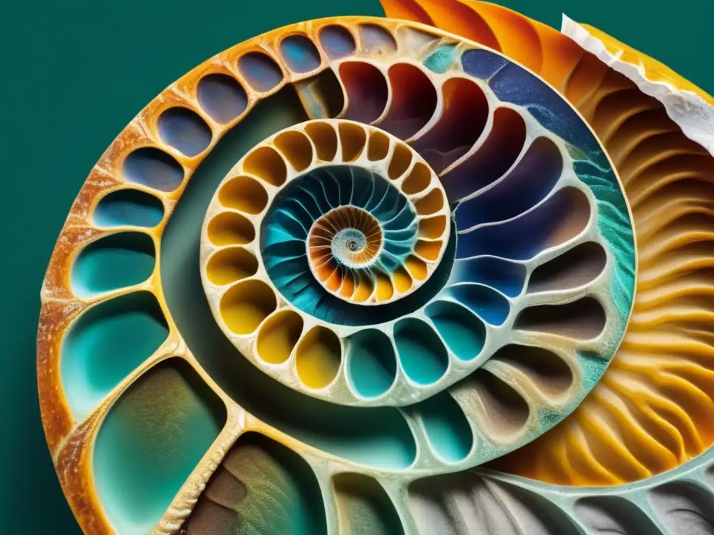 La evolución de los fósiles: Claves paleontológicas, imagen abstracta con ammonite fosilizado y colores vibrantes