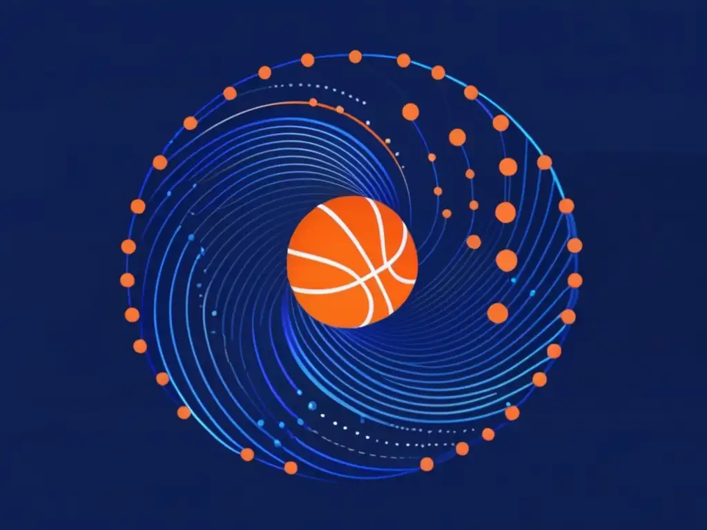 Física del movimiento parabólico en baloncesto: curva simétrica en negro con transición de azul a naranja, líneas representando la gravedad