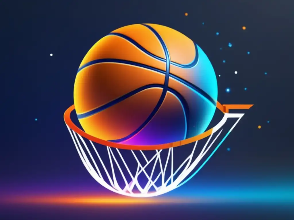 Física del movimiento parabólico en baloncesto: balón suspendido en un elegante y abstracto vuelo, con energía y colores vibrantes