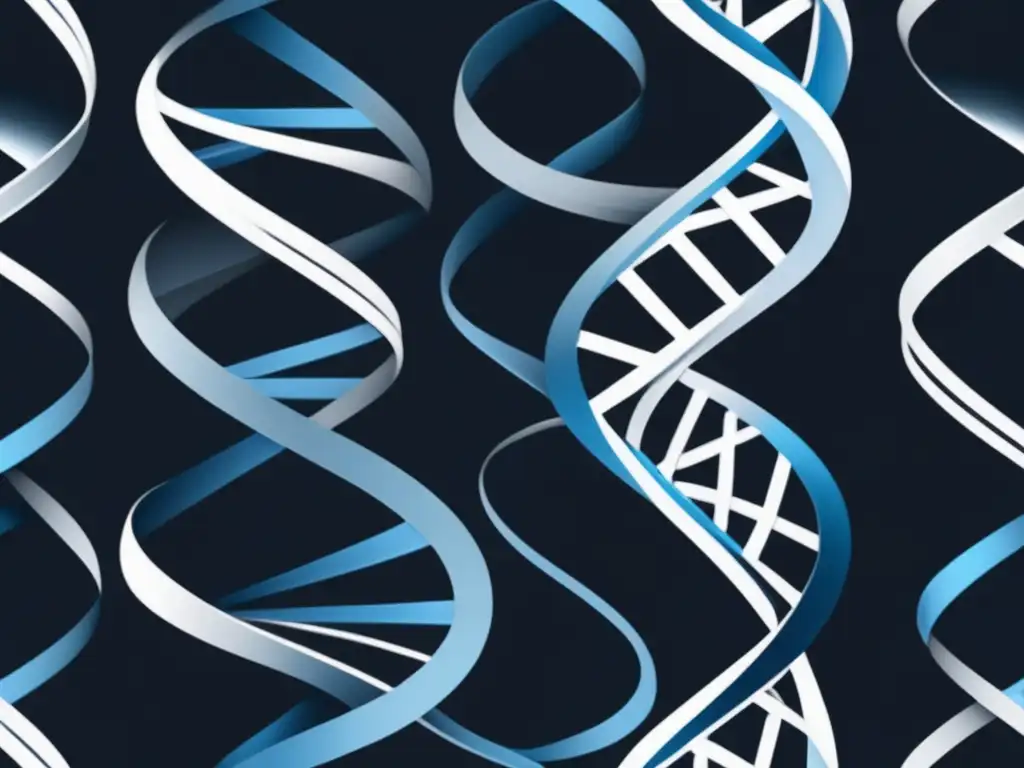 Descifrando genoma humano en educación científica: Imagen abstracta de ADN entrelazado en tonos azules y blancos sobre fondo negro