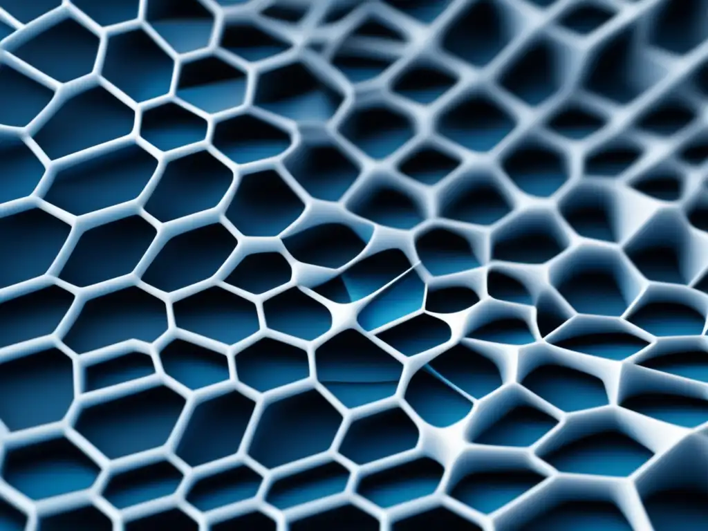 Patrón abstracto en azul y plata que fusiona nanotecnología e industria textil, simbolizando innovación y transformación