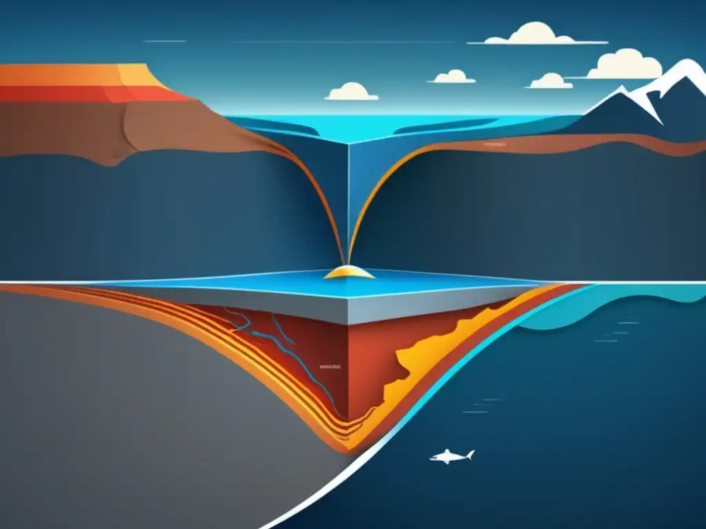 Entendiendo la tectónica de placas: imagen 8k minimalista y abstracta que muestra subducción, rifts, montañas y la formación de nueva corteza