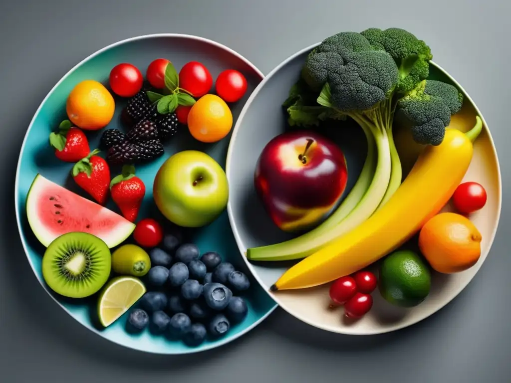 Plate with vibrant fruits and vegetables contrasted with unhealthy choices: Ética en la ciencia de los alimentos