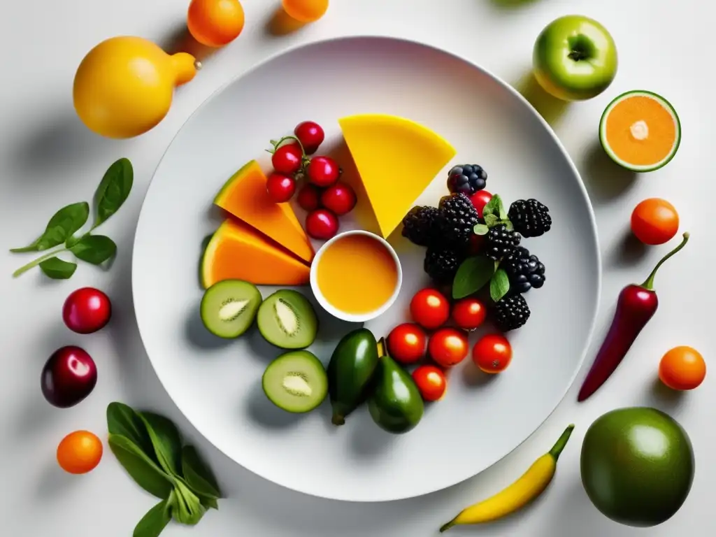 Ética en los alimentos: plato de frutas y verduras vibrantes, composición llamativa y segura