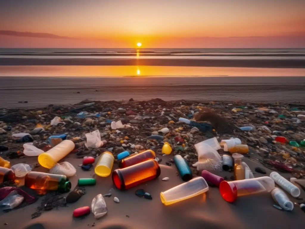 Playa contaminada al atardecer: relación plástico y cambio climático