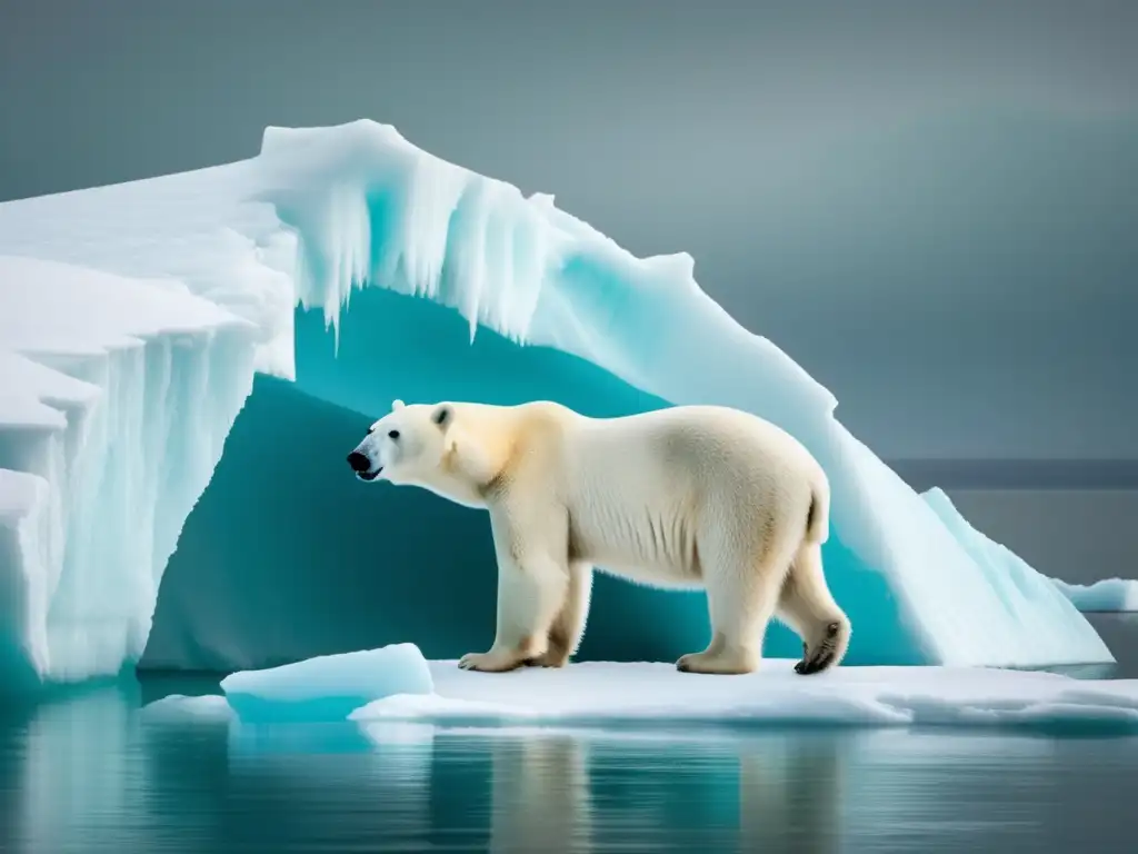 Un oso polar solitario en un iceberg derritiéndose, reflejando la urgencia de la conservación de especies frente al cambio climático