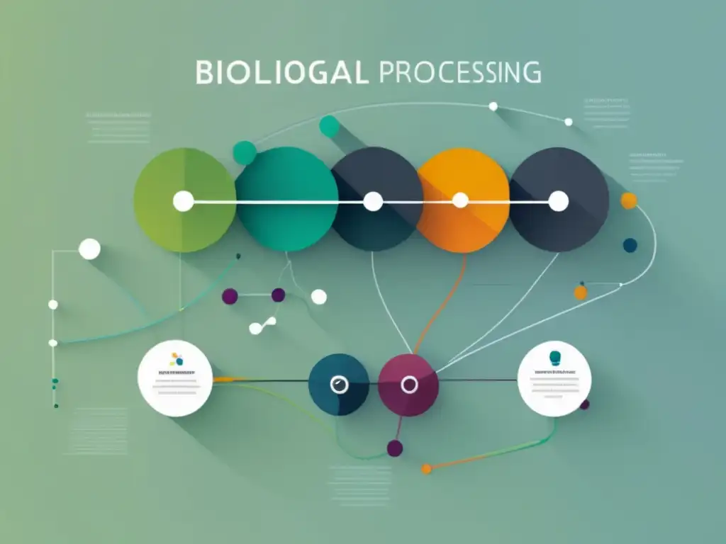 Importancia de modelos predictivos en biología: procesamiento de datos con nodos interconectados, líneas y colores representativos