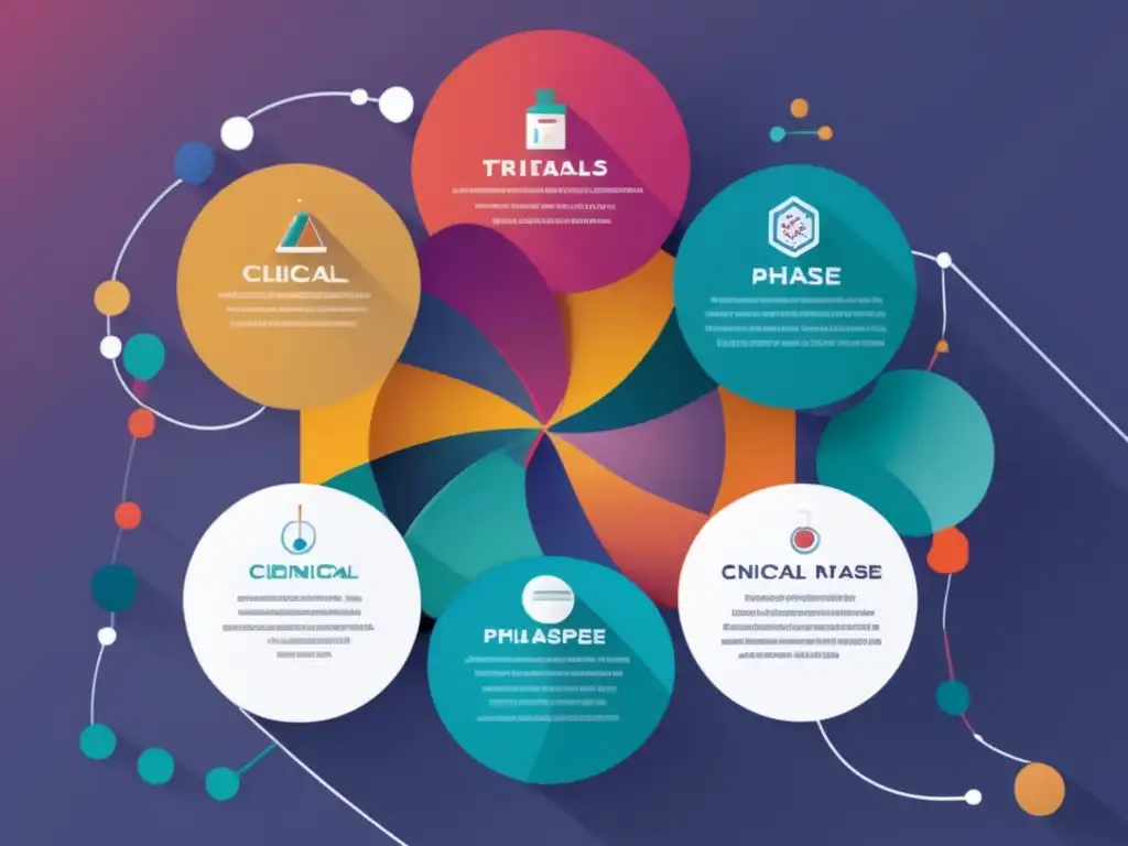 Pasos diseño fármacos: formas geométricas representan fases y regulaciones de ensayos clínicos, aprobaciones y desarrollo de medicamentos