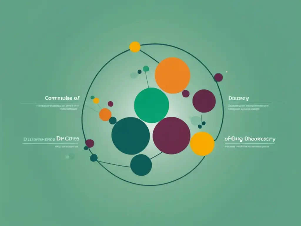 Proceso de descubrimiento de medicamentos innovadores con círculos interconectados y líneas elegantes