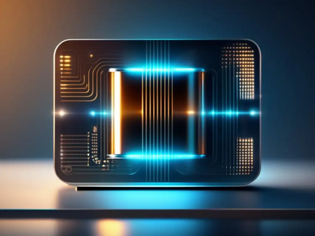 Computadora cuántica futurista y minimalista Computadora cuántica minimalista con componentes metálicos elegantes y circuitos intrincados, iluminada con una suave luz etérea