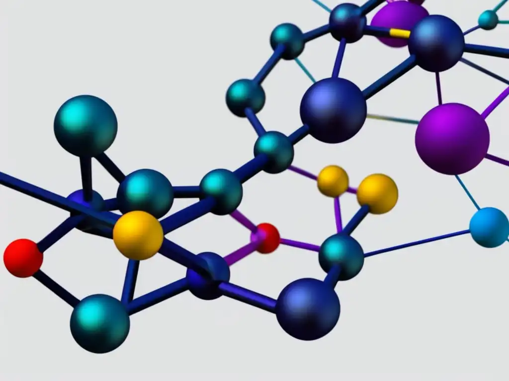 Química de coordinación en educación: imagen abstracta de esferas metálicas interconectadas por líneas coloridas