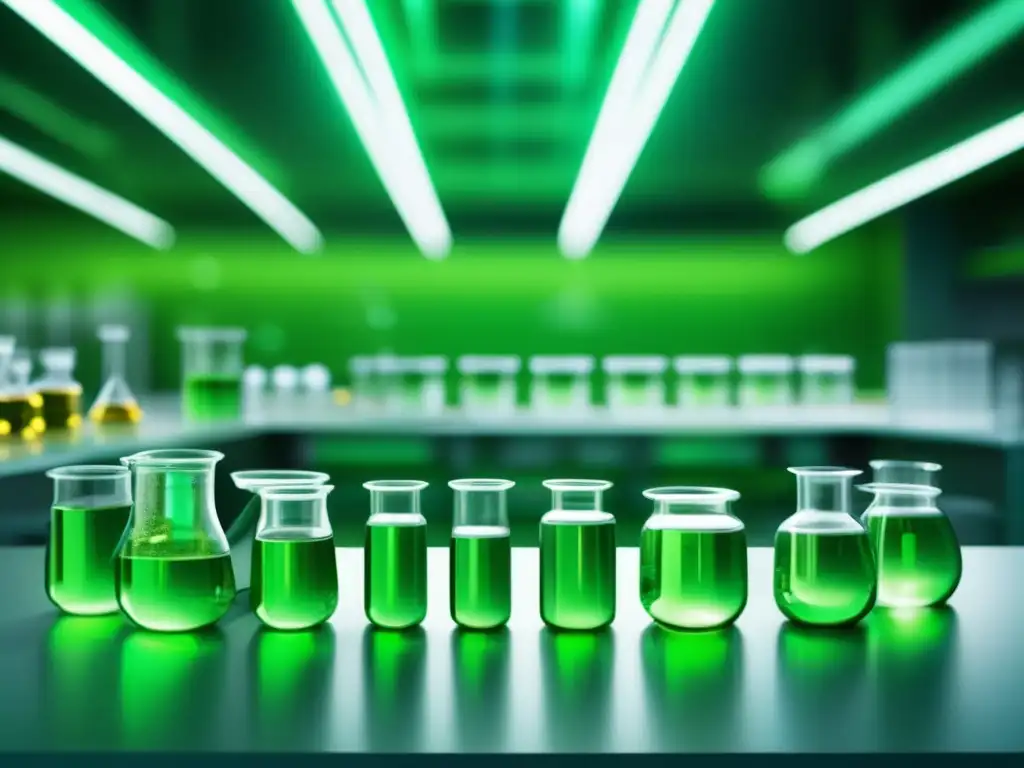 Química Verde en sostenibilidad: laboratorio futurista, beakers con compuestos orgánicos y brillo verde, símbolo de innovación y transformación