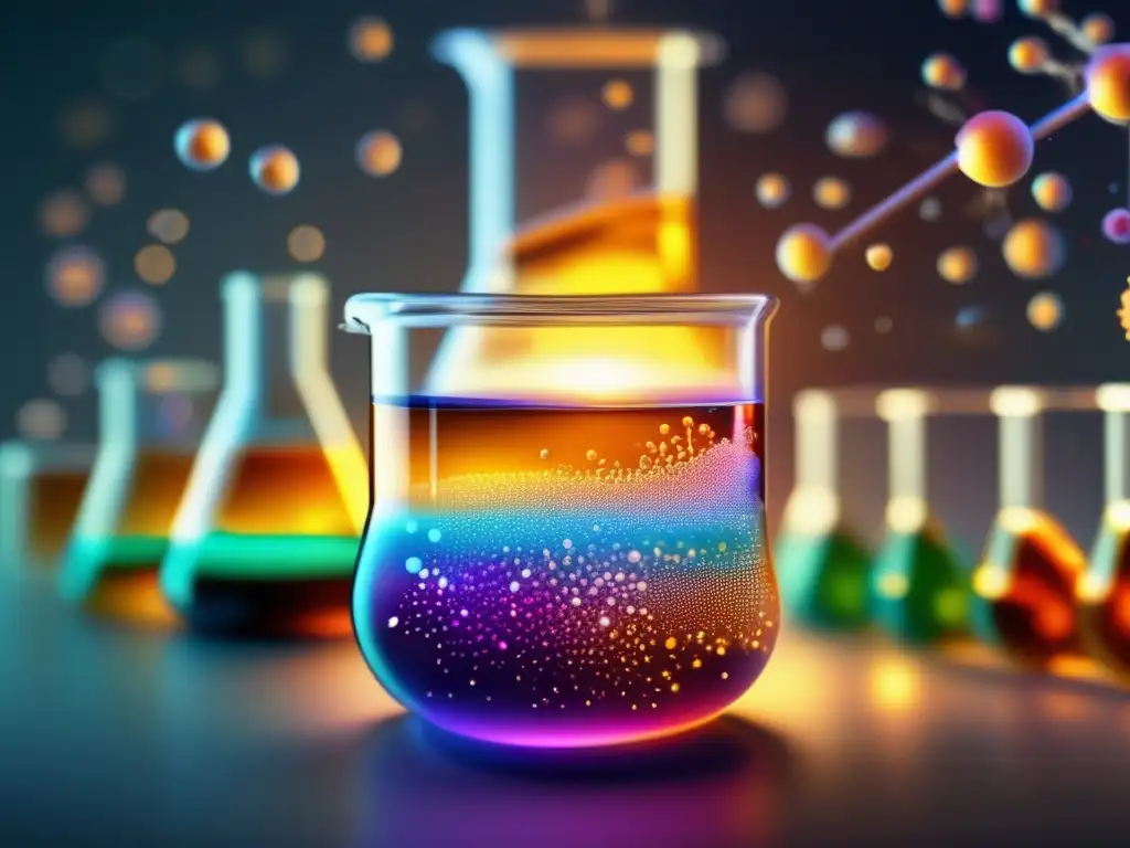 Fotoquímica en química: reacción química en laboratorio con líquidos translúcidos, colores vibrantes y láser