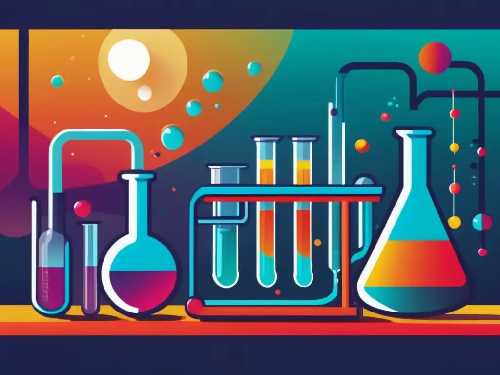 Aplicaciones de química inorgánica en la vida diaria: reacciones químicas en un laboratorio moderno con colores vibrantes