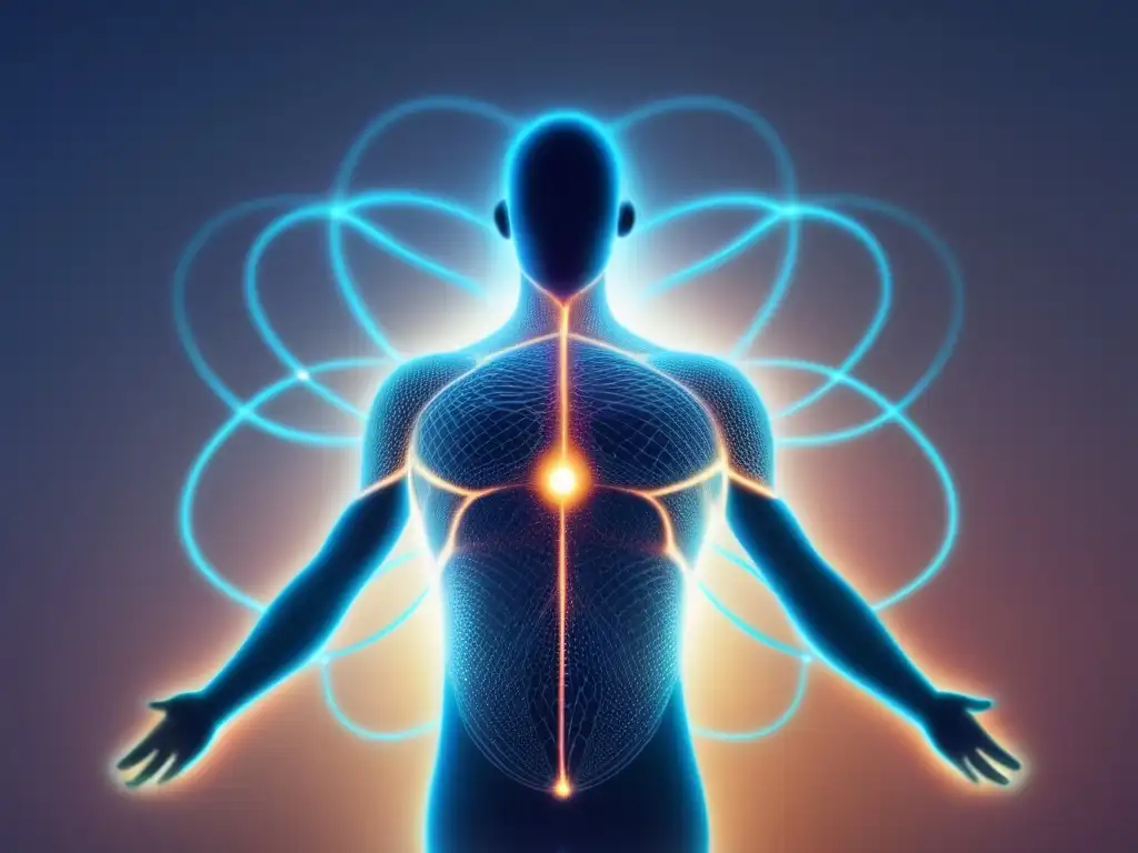 Futuro de la biomedicina Representación abstracta del cuerpo humano con líneas brillantes, simbolizando la biomedicina regenerativa