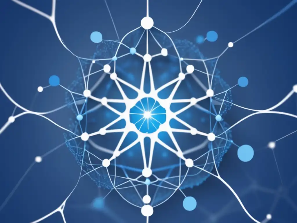 Importancia de la biomedicina en salud mental: composición abstracta de formas y líneas azules y blancas, con red de neuronas y rayos de luz