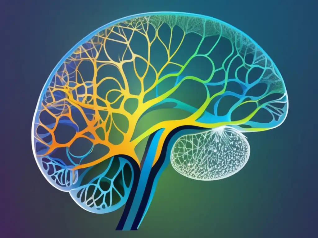 Evolución comunicación animal: Intrincada imagen del cerebro de un ave, destacando regiones vocales como la siringe y vías neuronales asociadas