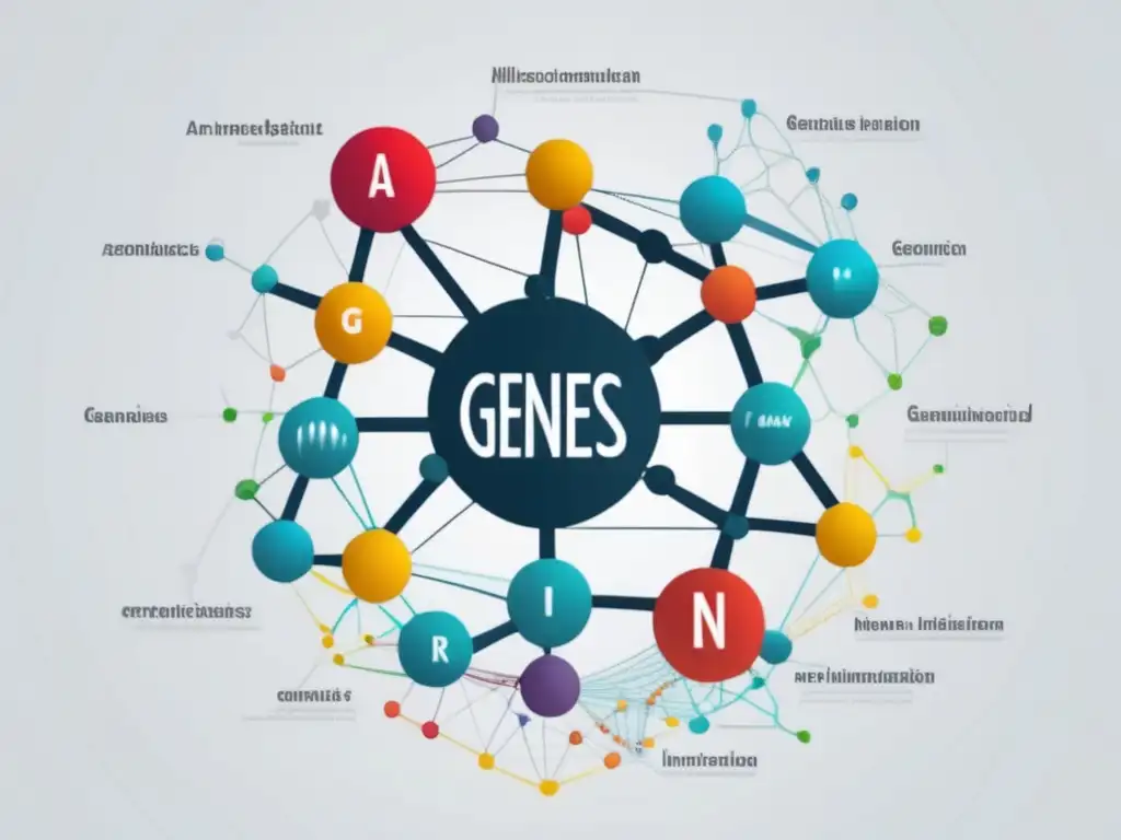 Influencia de genes en comportamiento animal: imagen abstracta de la red genética con nodos y líneas vibrantes