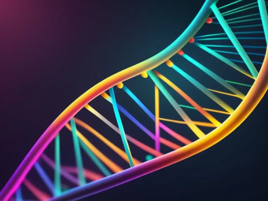 Imagen abstracta y minimalista de ADN enredado con colores vibrantes, simbolizando la farmacogenómica en medicina personalizada